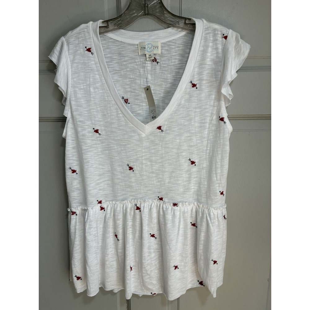 June & Ivy Women Top Size Medium Peplum Babydoll Boho Embroidered Flutter Sleeve